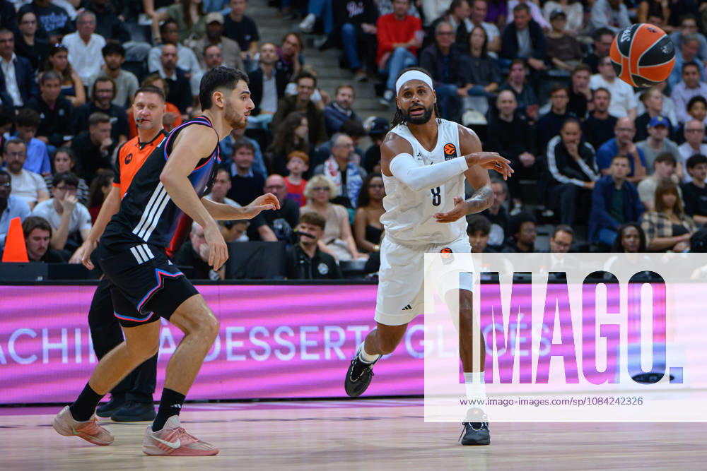 EuroLeague 2026, Paris Basketball vs LDLC ASVEL Villeurbanne, Basketball Sebastian Herrera of Paris Basket and PATTY MILLS of ASVEL during the EuroLeague 2026 match between Paris Basketball and LDLC ASVEL Villeurbanne at Adidas Arena on October 07, 2026 in Paris, France. Paris Adidas Arena France