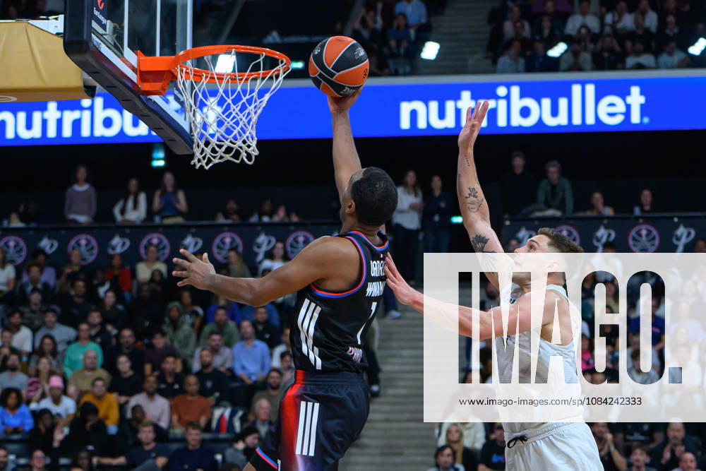 EuroLeague 2026, Paris Basketball vs LDLC ASVEL Villeurbanne, Basketball TJ Warren of Paris Basket and NATHAN SESTINA of ASVEL during the EuroLeague 2026 match between Paris Basketball and LDLC ASVEL Villeurbanne at Adidas Arena on October 07, 2026 in Paris, France. Paris Adidas Arena France