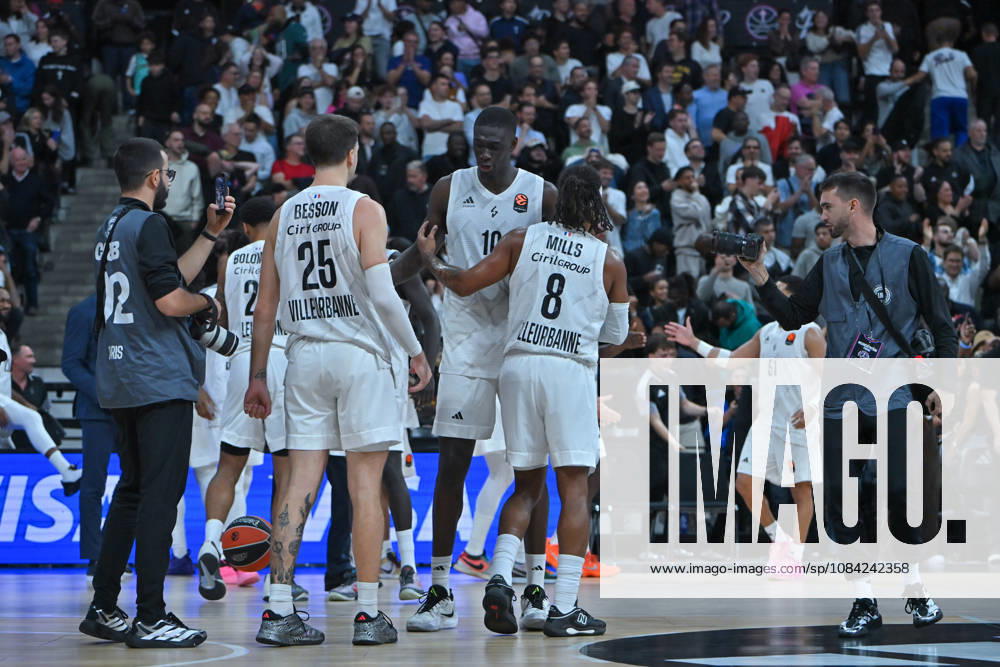 EuroLeague 2026, Paris Basketball vs LDLC ASVEL Villeurbanne, Basketball ASVEL players celebrate their side s victory after the EuroLeague 2026 match between Paris Basketball and LDLC ASVEL Villeurbanne at Adidas Arena on October 07, 2026 in Paris, France. Paris Adidas Arena France