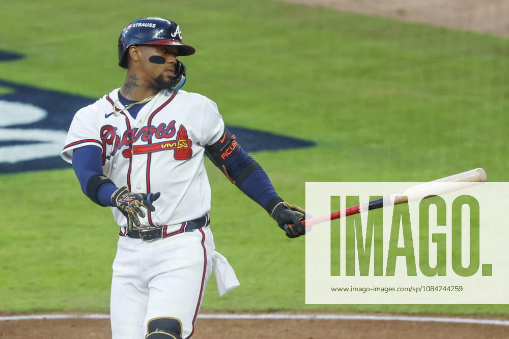 Atlanta Braves Ronald Acuna Jr. (13) strikes out swinging against the Los Angeles Dodgers in the third inning in an MLB, Baseball Herren, USA National League Division Series playoff game at Truist Park in Atlanta, Georgia, on Wednesday, October 7, 2026. ATL20261007706 MIKExZARRILLI