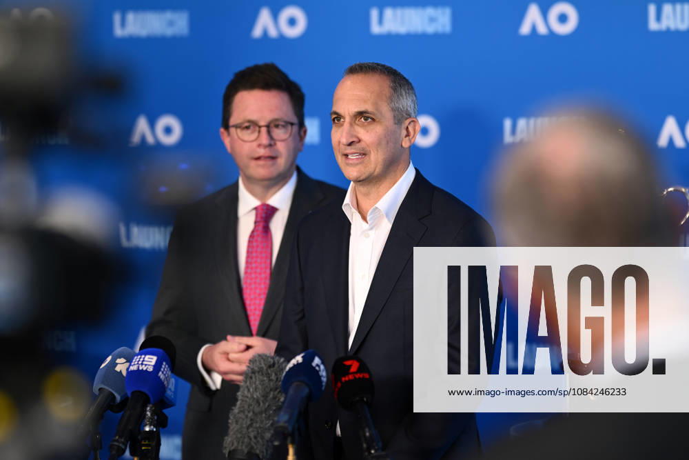 TENNIS AUSTRALIAN OPEN LAUNCH, Victorian Minister for Major Events Anthony Carbines (left) and Tennis Australia CEO Andrew Abdo speak during the launch of the 2027 Australian Open tennis tournament, in Melbourne, Thursday, October 8, 2026. ( NO ARCHIVING MELBOURNE VICTORIA Australia
