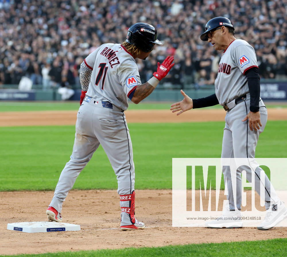 The Cleveland Guardians Jose Ramirez (11) is congratulated following his two-run triple in the eighth inning against the Chicago White Sox in Game 3 of the American League Division Series at Rate Field on Wednesday, Oct. 7, 2026, in Chicago. Sports News - October 7, 2026 - ZUMAm67_ 0868872922st