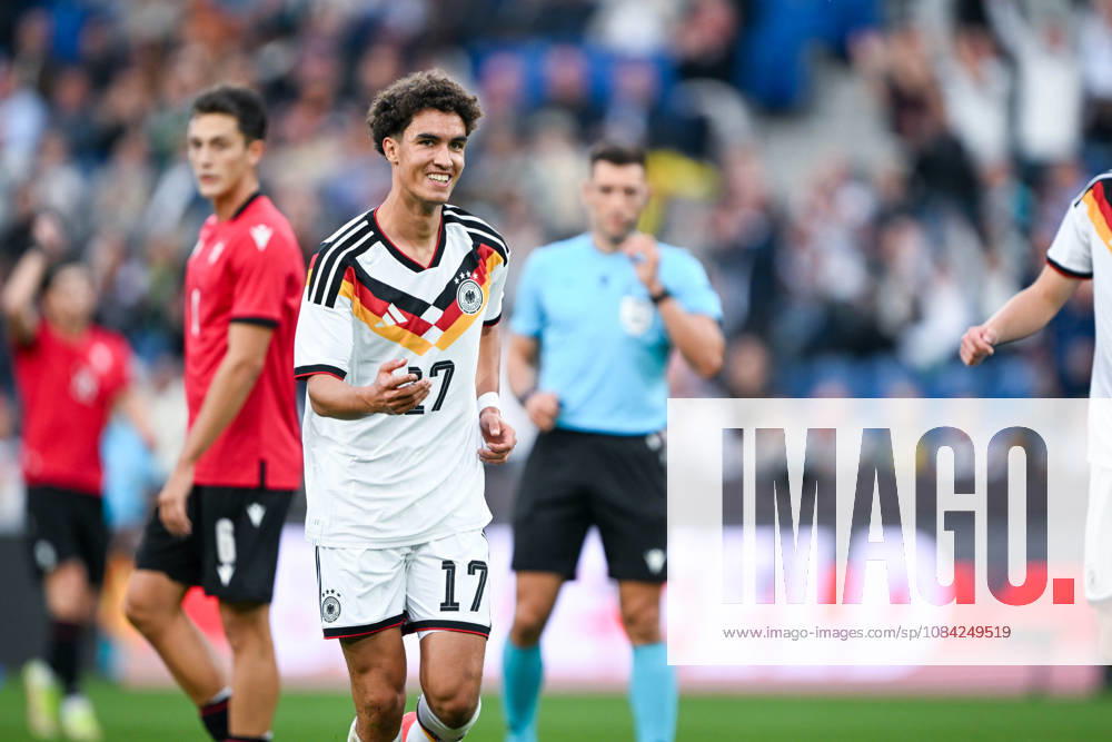 U-21 International Match 26-27: Germany vs. Georgia on October 6, 2026, at the SchücoArena in Bielefeld—Cheers, goal celebrations, goal scorers, goal scorer Noah Darvich—Germany celebrates after his goal to make it 1-0 MT