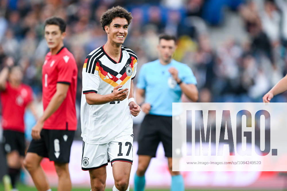 U-21 International Match 26-27: Germany vs. Georgia on October 6, 2026, at the SchücoArena in Bielefeld—Cheers, goal celebrations, goal scorers, goal scorer Noah Darvich—Germany celebrates after his goal to make it 1-0 MT