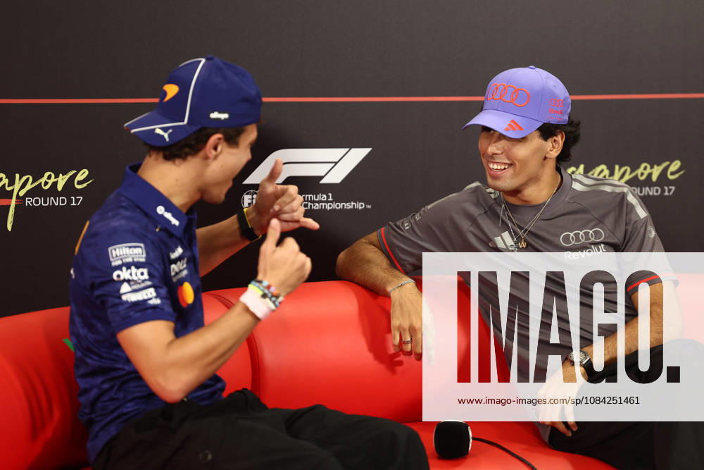 F1 Singapore Grand Prix 2026 Previews Lando Norris of McLaren and Gabriel Bortoleto of Audi during the press conference, PK, Pressekonferenz ahead of the Formula 1 Singapore Grand Prix at Marina Bay Street Circuit in Singapore on October 8, 2026. Singapore Singapore