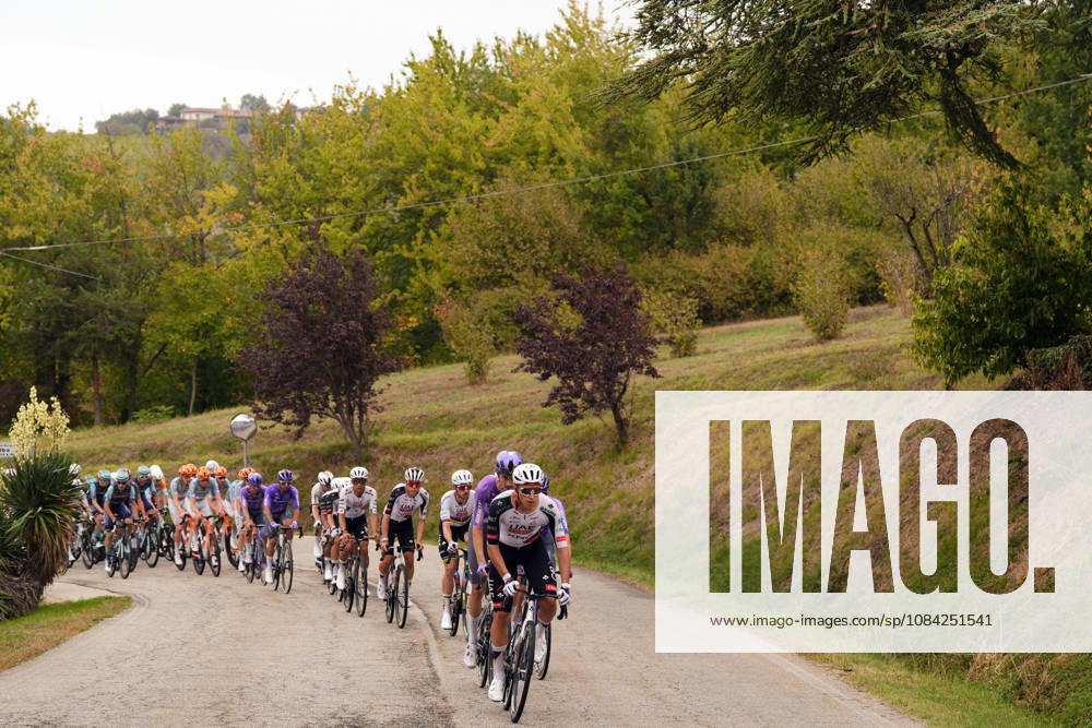 The pack rides during the 110th edition of the Gran Piemonte 2026 a 185 km one day race from Asti to Bra on October 08, 2026, Italy.