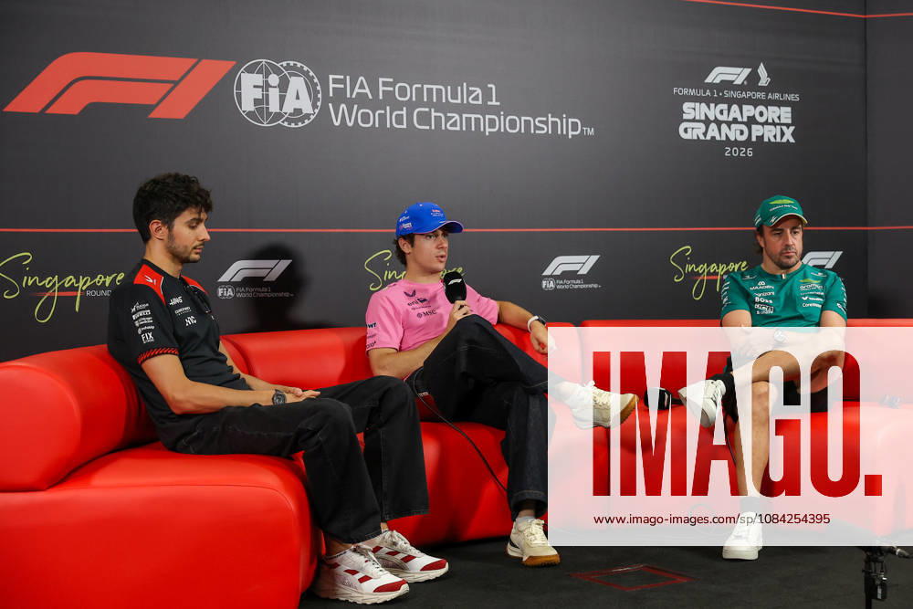 Drivers press conference, PK, Pressekonferenz ahead of 2026 Formula 1 Singapore Grand Prix SINGAPORE - OCTOBER 8: (From left to right) Haas F1 Team s French driver Esteban Ocon, Alpine s Argentine driver Franco Colapinto and Aston Martin s Spanish driver Fernando Alonso attend a drivers press conference ahead of the Formula 1 Singapore Grand Prix at the Marina Bay Street Circuit in Singapore on October 08, 2026. Daniel Ceng Anadolu Singapore City Singapore. Editorial use only. Please get in touch for any other usage.