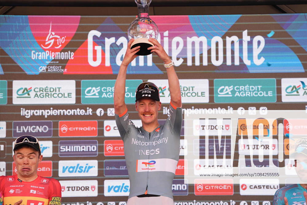 France s Dorian Godon of Netcompany INEOS winner of the race on the podium after the 110th edition of the Gran Piemonte 2026 a 185 km one day race from Asti to Bra on October 08, 2026, Italy.
