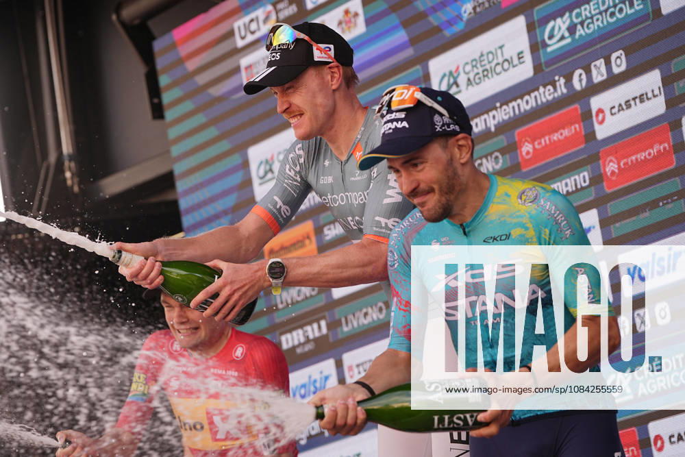 On the podium from left second place Denmark s Anthon Charmig of Uno-X Mobility,centrum France s Dorian Godon of Netcompany INEOS winner of the race, on the right third place Italy s Alberto Bettiol of XDS Astana Team after the 110th edition of the Gran Piemonte 2026 a 185 km one day race from Asti to Bra on October 08, 2026, Italy.