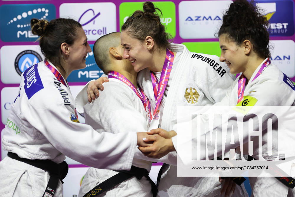 AZERBAIJAN, BAKU - OCTOBER 8, 2026: 2nd placed Giovanna Scoccimarro of Germany, 1st placed Ai Tsunoda Roustant of Spain, 3rd placed Michaela Polleres of Austria and Madina Taimazova (L-R) of Russia are pictured during an award ceremony for the women s -70 kg category during the 2026 World Judo Championships at the National Gymnastics Arena 2026 World Judo Championships In Baku - ZUMAt113 20261008_zaa_t113_526