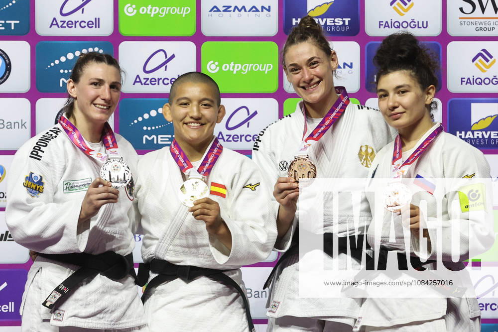 AZERBAIJAN, BAKU - OCTOBER 8, 2026: 2nd placed Giovanna Scoccimarro of Germany, 1st placed Ai Tsunoda Roustant of Spain, 3rd placed Michaela Polleres of Austria and Madina Taimazova (L-R) of Russia pose during an award ceremony for the women s -70 kg category during the 2026 World Judo Championships at the National Gymnastics Arena 2026 World Judo Championships In Baku - ZUMAt113 20261008_zaa_t113_528