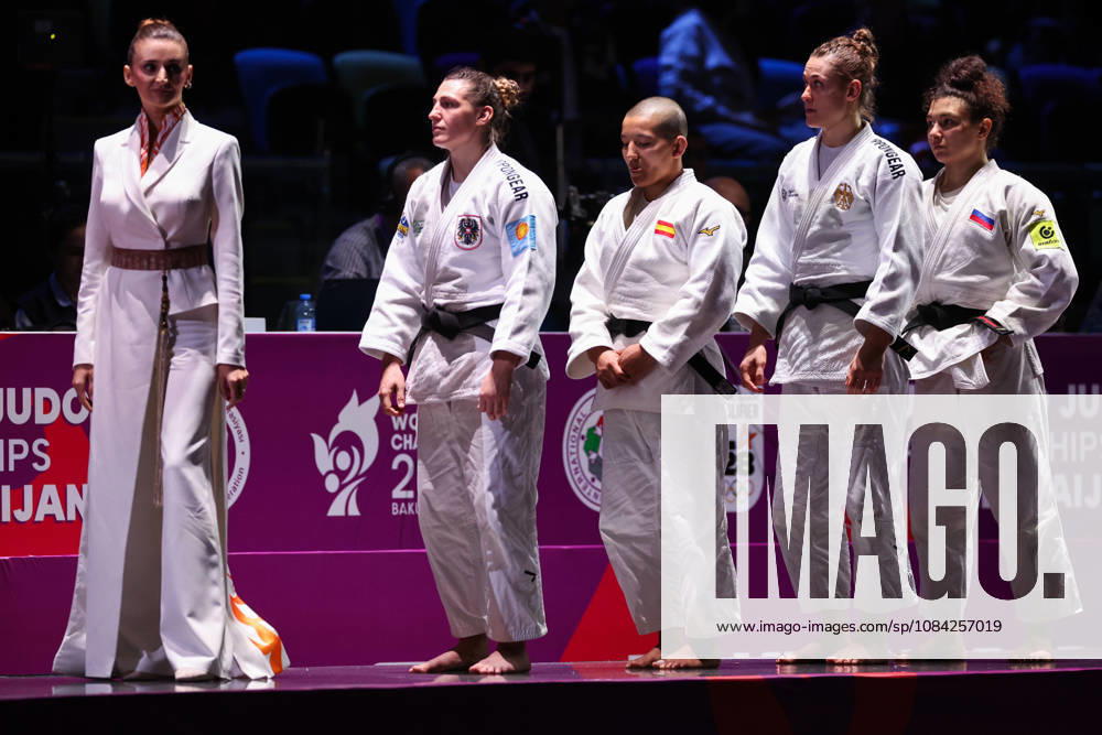 AZERBAIJAN, BAKU - OCTOBER 8, 2026: 2nd placed Giovanna Scoccimarro of Germany, 1st placed Ai Tsunoda Roustant of Spain, 3rd placed Michaela Polleres of Austria and Madina Taimazova of Russia are pictured during an award ceremony for the women s -70 kg category as part of the 2026 World Judo Championships at the National Gymnastics Arena. Mikhail Sinitsyn TASS 98957030