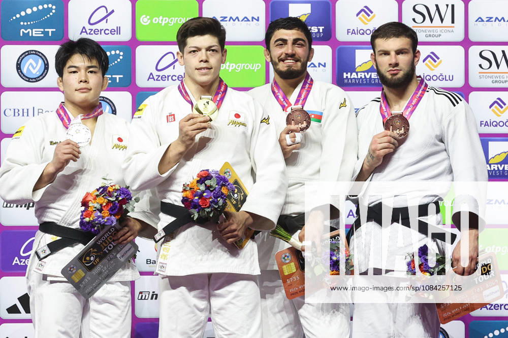AZERBAIJAN, BAKU - OCTOBER 8, 2026: 2nd placed Goki Tajima of Japan, 1st placed Sanshiro Murao of Japan, 3rd placed Murad Fatiyev of Azerbaijan and Boris Rutovic (L-R) of Serbia pose during an award ceremony for the men s -90 kg category as part of the 2026 World Judo Championships at the National Gymnastics Arena. Mikhail Sinitsyn TASS 98956879