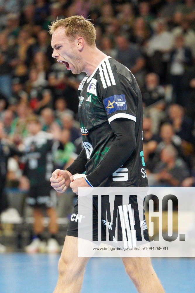 Pictured: Mathias Gidsel of Fuechse Berlin, 19, goal, score, celebration, goal celebration, joy, excitement, celebrating, cheering, October 8, 2026, Fuechse Berlin vs. FC Porto, EHF Handball Champions League, 2026–27 season, Max Schmeling Halle