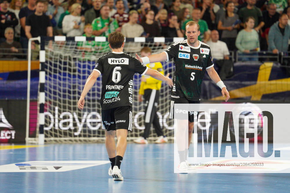 Pictured: Leo Prantner (Füchse Berlin), 6; Max Darj (Füchse Berlin), 5; celebration, joy, October 8, 2026; Füchse Berlin vs. FC Porto, EHF Handball Champions League, 2026–27 season, Max Schmeling Hall