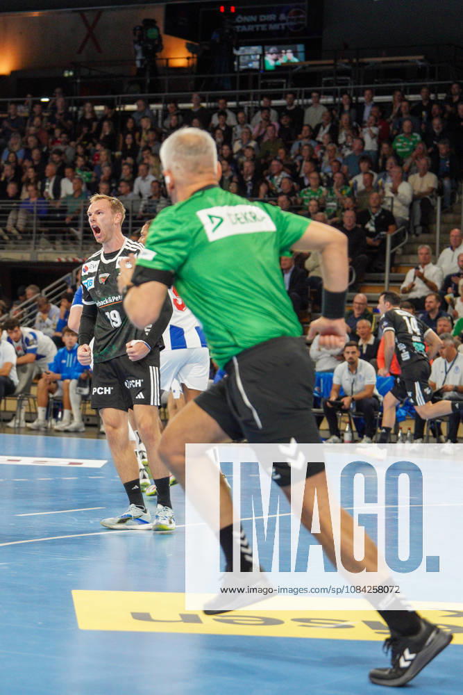Pictured: Mathias Gidsel of Fuechse Berlin, 19, goal, score, celebration, goal celebration, joy, excitement, celebrating, cheering, October 8, 2026, Fuechse Berlin vs. FC Porto, EHF Handball Champions League, 2026–27 season, Max Schmeling Halle
