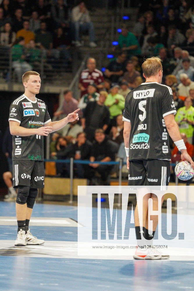 Pictured: Nils Lichtlein (Füchse Berlin), 17; Max Darj (Füchse Berlin), 5; August 8, 2026; Füchse Berlin vs. FC Porto, EHF Handball Champions League, 2026–27 season, Max Schmeling Halle