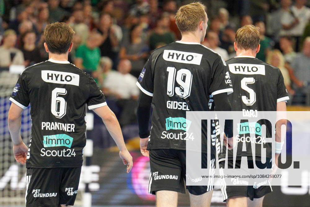 Pictured: Players from the Berlin Foxes celebrating a goal on October 8, 2026; Berlin Foxes vs. FC Porto, EHF Handball Champions League, 2026–27 season, Max Schmeling Halle