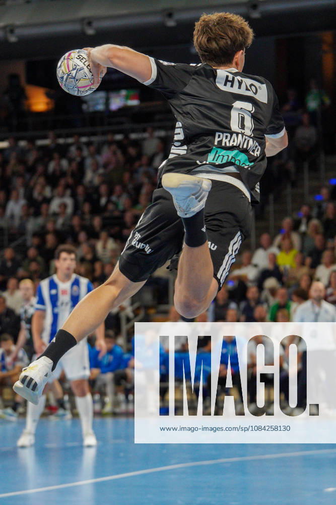 Pictured: Leo Prantner of the Berlin Foxes, No. 6, taking a shot on goal on October 8, 2026; Berlin Foxes vs. FC Porto, EHF Handball Champions League, 2026–27 season, Max Schmeling Hall