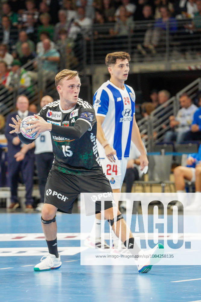 Pictured: Tobias Grondahl of the Berlin Foxes, 15, taking a free throw on October 8, 2026; Berlin Foxes vs. FC Porto, EHF Handball Champions League, 2026–27 season, Max Schmeling Hall