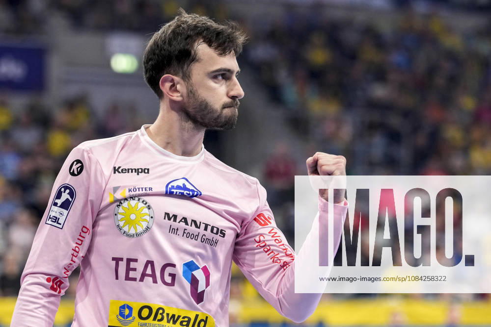 Matija Spikic, Goalie, ThSV, 1, Single Frame, Single Photo, Action, Celebration, Cheering, Celebrates, Joy, Happy, Confident, Optimistic, Positive, Game Scene, October 8, 2026, Mannheim, Germany, handball, Bundesliga, Rhein-Neckar Löwen vs. ThSV Eisenach
