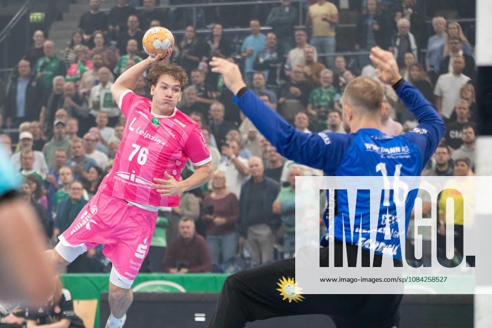 Handball, HBL2: SC DHfK Leipzig vs. TuS N Lübbecke, October 8, 2026; Tom Koschek 76, SC DHfK Leipzig shoots against goalkeeper Fredrik Genz 16, TuS N Lübbecke Handball, 2nd Bundesliga, 2026–2027 season, Matchday 7: SC DHfK Leipzig vs. TuS N Lübbecke on October 8, 2026, at the Quarterback Immobilien Arena Leipzig