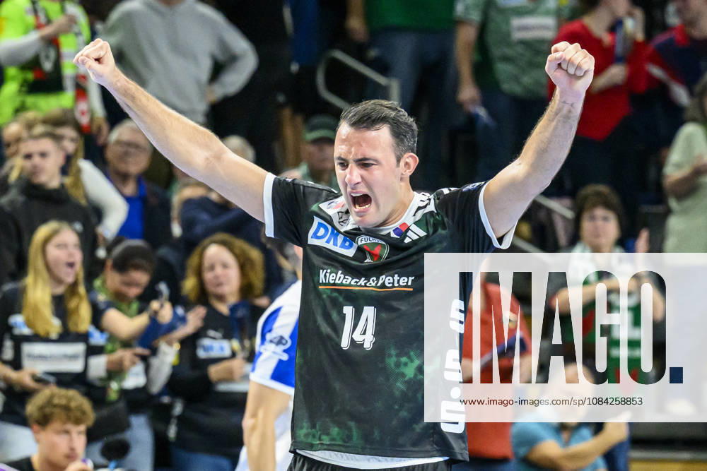 In the photo, from left: Aitor Arino, Füchse Berlin, 14, goal, score, celebration, goal celebration, joy, excitement, celebrating, GER, Berlin, handball, Füchse Berlin vs. FC Porto, EHF Champions League, Matchday 3 of Group A, at the Max Schmeling Halle, Am Falkplatz 1, October 8, 2026,