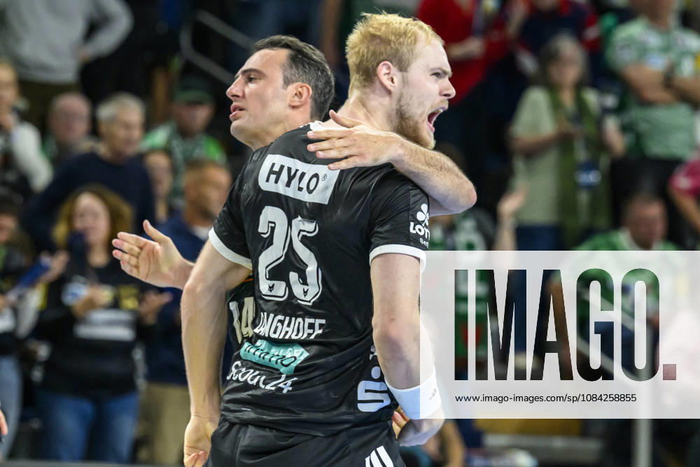 In the photo, from left: Aitor Arino, Füchse Berlin, 14; Matthes Langhoff, Füchse Berlin, 25; goal, score, celebration, goal celebration, joy, excitement, celebrating, GER, Berlin, handball, Füchse Berlin vs. FC Porto, EHF Champions League, Matchday 3 of Group A, at the Max Schmeling Halle, Am Falkplatz 1, October 8, 2026,