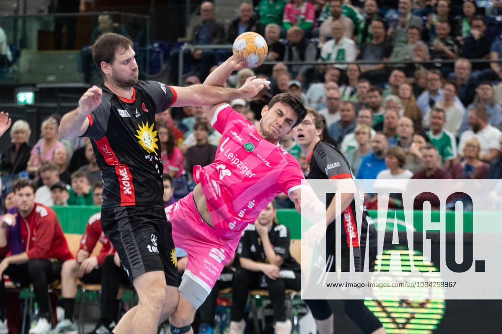 Handball, HBL2 SC DHfK Leipzig vs. TuS N Lübbecke, October 8, 2026; Matej Klima 13; SC DHfK Leipzig was fouled by Yannick Dräger 19, TuS N Lübbecke Handball, 2nd Bundesliga, 2026–2027 season, Matchday 7: SC DHfK Leipzig vs. TuS N Lübbecke on October 8, 2026, at the Quarterback Immobilien Arena Leipzig