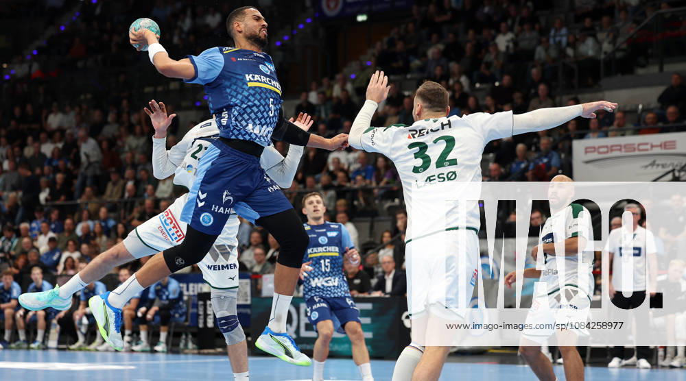 TVB Stuttgart vs. HSG Wetzlar handball game; from left: Philipp Ahouansou (TVB), Nikolaj Laeso (Wetzlar)