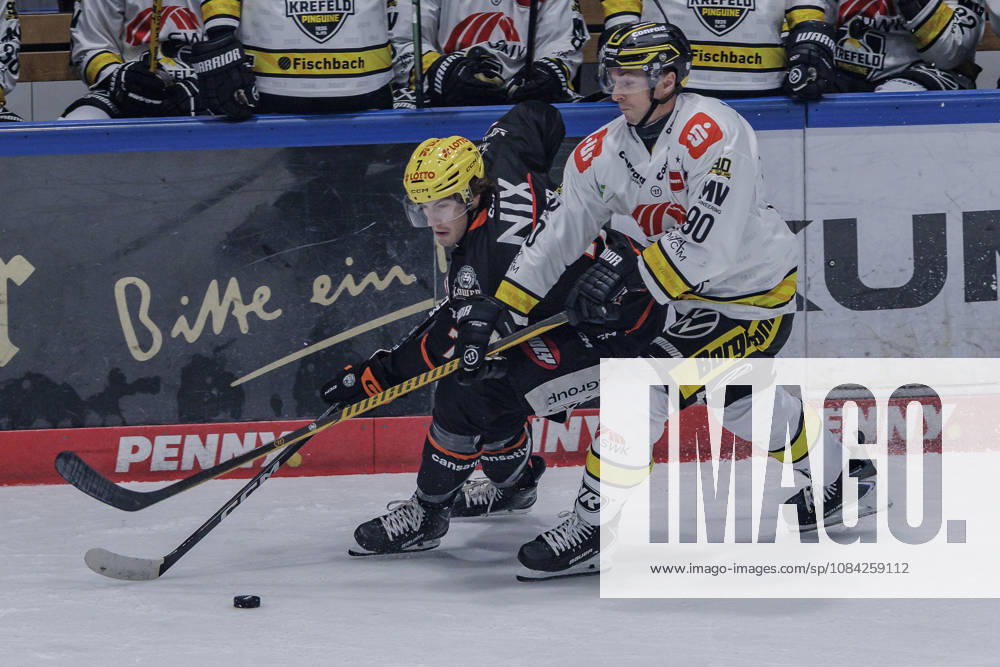 PEnny DEL Löwen Frankfurt vs. Krefeld Pinguine, October 8, 2026: Ty Glover of the Löwen Frankfurt (7) and Adam Payerl of the Krefeld Pinguine (90) battle for the puck, Löwen Frankfurt vs. Krefeld Pinguine, Frankfurt, NIX Ice Arena