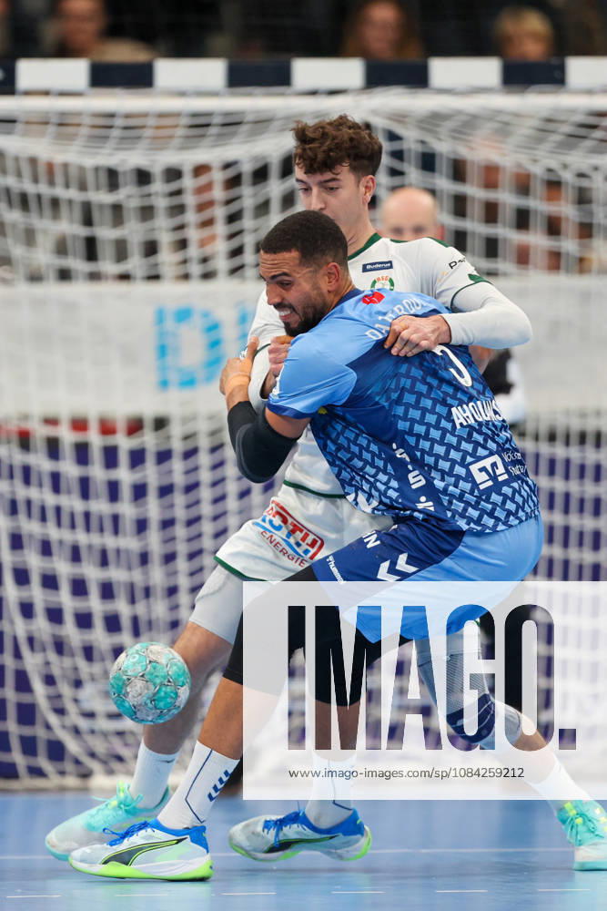 Philipp Ahouansou (TVB Stuttgart), No. 5, goes head-to-head with Marti Soler (HSG Wetzlar), No. 23, GER, TVB Stuttgart vs. HSG Wetzlar, Handball, Opel Handball Bundesliga, Matchday 8, 2026–2027 season, October 8, 2026, GER, TVB Stuttgart vs. HSG Wetzlar, Handball, Opel Handball Bundesliga, Matchday 8, 2026–2027 season, October 8, 2026, Stuttgart