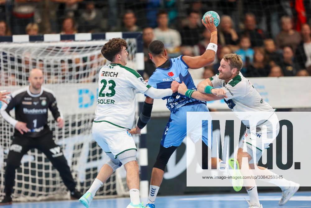 Philipp Ahouansou (TVB Stuttgart, No. 5) is fouled while shooting GER, TVB Stuttgart vs. HSG Wetzlar, Handball, Opel Handball Bundesliga, Matchday 8, 2026–2027 season, October 8, 2026 GER, TVB Stuttgart vs. HSG Wetzlar, Handball, Opel Handball Bundesliga, Matchday 8, 2026–2027 season, October 8, 2026 Stuttgart