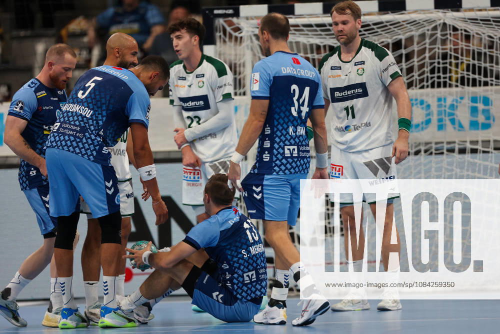 Simone Mengon of TVB Stuttgart, No. 15, is on the floor after a foul. GER, TVB Stuttgart vs. HSG Wetzlar, Handball, Opel Handball Bundesliga, Matchday 8, 2026–2027 season, October 8, 2026, GER, TVB Stuttgart vs. HSG Wetzlar, Handball, Opel Handball Bundesliga, Matchday 8, 2026–2027 season, October 8, 2026, Stuttgart