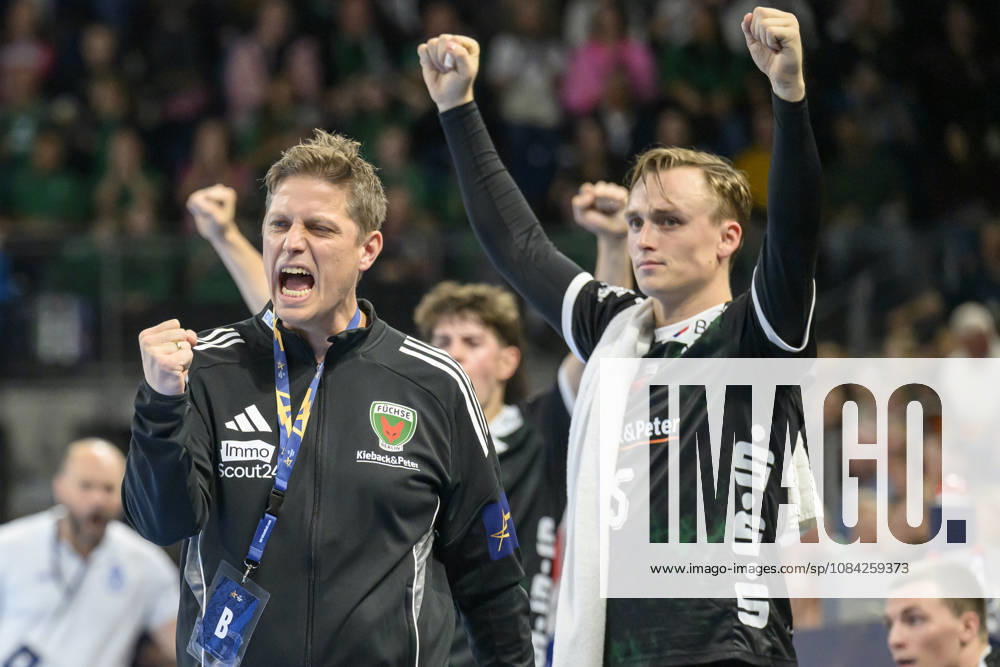 Pictured, from left: Nicolej Krickau, Tobias Grondahl, Füchse Berlin, 15, goal, score, celebration, goal celebration, joy, enthusiasm, celebrating, victory, GER, Berlin, handball, Füchse Berlin vs. FC Porto, EHF Champions League, Matchday 3 of Group A, at the Max Schmeling Halle, Am Falkplatz 1, October 8, 2026,
