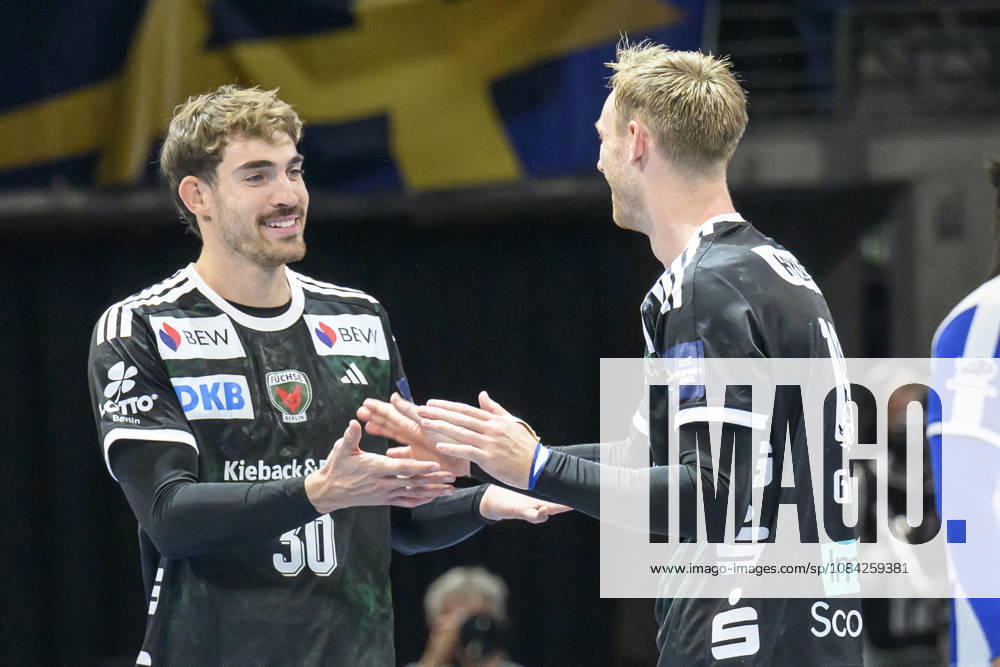 In the photo, from left: Aymeric Zaepfel, Füchse Berlin, 30; Mathias Gidsel, Füchse Berlin, 19; goal, score, celebration, goal celebration, joy, excitement, celebrating, victory, GER, Berlin, handball, Füchse Berlin vs. FC Porto, EHF Champions League, Matchday 3 of Group A, at the Max Schmeling Halle, Am Falkplatz 1, October 8, 2026,