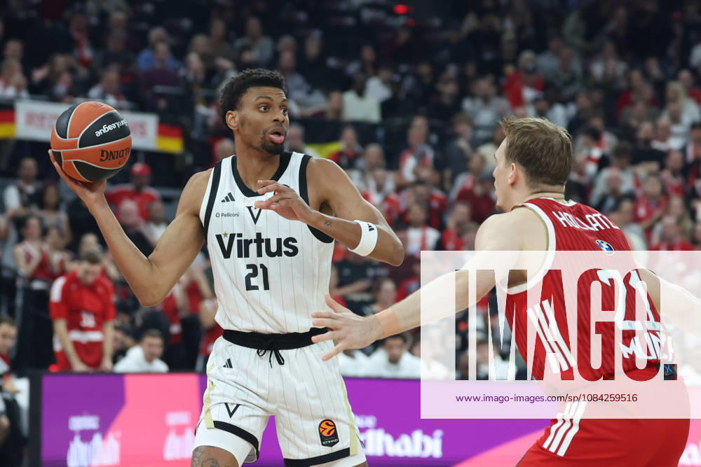 Derrick Alston Jr. of Virtus Bologna, 21, with the ball, alongside Justuz Hollatz of FC Bayern Basketball, 21, GER, FC Bayern Basketball vs. Virtus Bologna, Basketball, EuroLeague, Matchday 4, 2026–2027 Season, October 8, 2026, GER, FC Bayern Basketball vs. Virtus Bologna, Basketball, EuroLeague, Matchday 4, 2026–2027 season, October 8, 2026, Munich