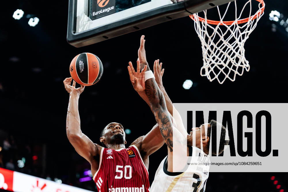 Austin Wiley (FC Bayern Muenchen, 50) shooting the ball against Bo Klintman (Virtus Bologna, 34) during the Turkish Airlines EuroLeague match between FC Bayern Muenchen vs. Virtus Bologna at SAP Garden on round 4 of Turkish Airlines EuroLeague on October 08, 2026 in Munich, Germany. Bavaria Germany