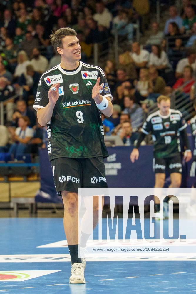 Pictured: Frederik Simak, Füchse Berlin, 9, celebrating, joy, October 8, 2026; Füchse Berlin vs. FC Porto, EHF Handball Champions League, 2026–27 season, Max Schmeling Halle