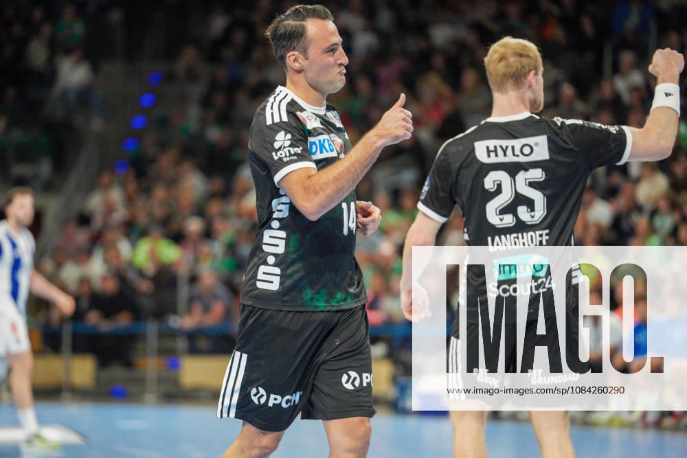 Pictured: Aitor Arino, Füchse Berlin, 14, joy, celebration, August 10, 2026; Füchse Berlin vs. FC Porto, EHF Handball Champions League, 2026–27 season, Max Schmeling Halle