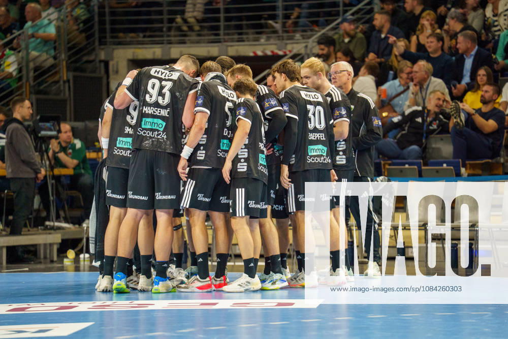 Pictured: Players from Fuechse 08 on October 20, 2026; Fuechse Berlin vs. FC Porto, EHF Handball Champions League, 2026–27 season, Max Schmeling Halle