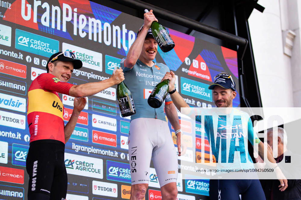 110th Gran Piemonte - Finish The podium of the 110th Gran Piemonte, a 181km stage from Asti to Bra, in Italy, on October 8, 2026; from left Anthon Charmig of Uno-X Mobility, Dorian Godon of Netcompany Ineos and Alberto Bettiol of XDS Astana Team Bra Italy