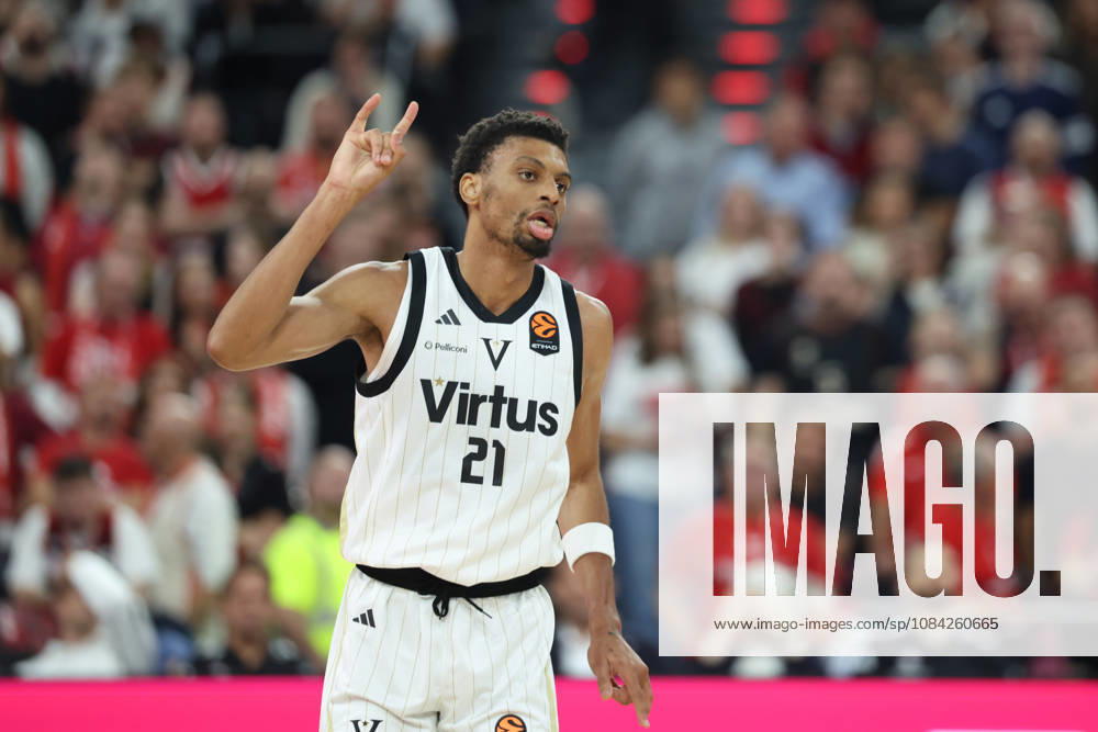 Derrick Alston Jr. of Virtus Bologna, 21, celebrates a basket, GER, FC Bayern Basketball vs. Virtus Bologna, Basketball, EuroLeague, Matchday 4, 2026–2027 Season, October 8, 2026, GER, FC Bayern Basketball vs. Virtus Bologna, Basketball, EuroLeague, Matchday 4, 2026–2027 Season, October 8, 2026, Munich