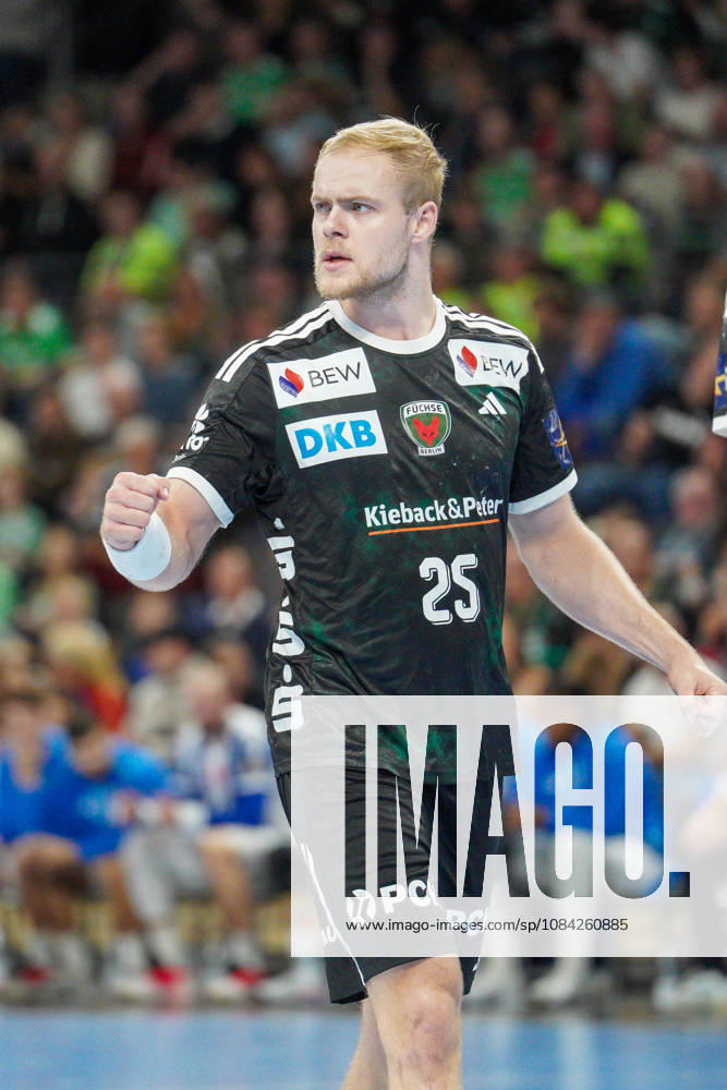 Pictured: Matthes Langhoff of Fuechse Berlin, 25, goal, score, celebration, goal celebration, joy, enthusiasm, celebrating, cheering, October 8, 2026, Fuechse Berlin vs. FC Porto, EHF Handball Champions League, 2026–27 season, Max Schmeling Halle