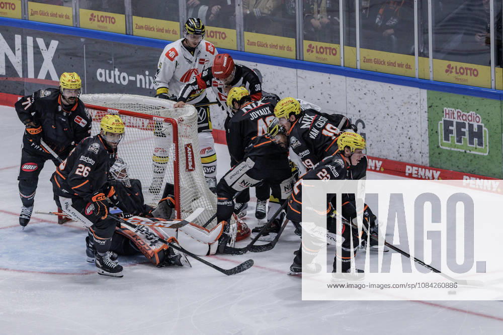 PEnny DEL Löwen Frankfurt vs. Krefeld Pinguine, October 8, 2026: Nico Pertuch (Löwen Frankfurt 1), Dominik Uher (Löwen Frankfurt 26), Michael Joyaux (Löwen Frankfurt 49), and Timo Kose (Löwen Frankfurt 22) with the puck; Löwen Frankfurt vs. Krefeld Pinguine, Frankfurt, NIX Ice Arena