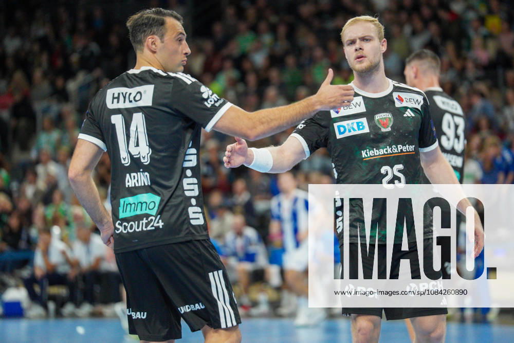 Pictured: Celebrations, Matthes Langhoff (Füchse Berlin), 25, Aitor Arino (Füchse Berlin), August 10, 2026, Füchse Berlin vs. FC Porto, EHF Handball Champions League, 2026–27 season, Max Schmeling Halle