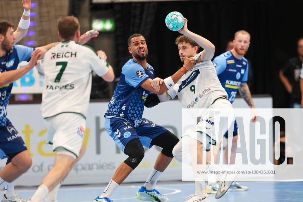 Philipp Ahouansou (TVB Stuttgart), No. 5, goes head-to-head with Niklas Theiss (HSG Wetzlar), No. 9 GER, TVB Stuttgart vs. HSG Wetzlar, Handball, Opel Handball Bundesliga, Matchday 8, 2026–2027 season, October 8, 2026, GER, TVB Stuttgart vs. HSG Wetzlar, Handball, Opel Handball Bundesliga, Matchday 8, 2026–2027 season, October 8, 2026, Stuttgart