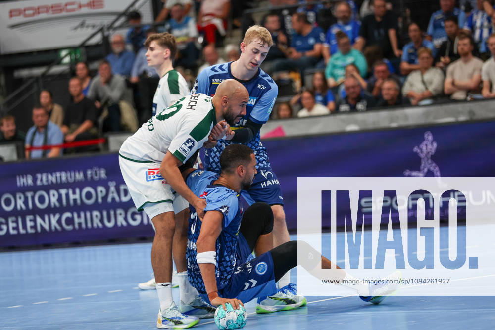 Philipp Ahouansou (TVB Stuttgart, 5) is helped up by Cyrill Akakpo (HSG Wetzlar, 20) and Torben Matzken (TVB Stuttgart, 22) GER, TVB Stuttgart vs. HSG Wetzlar, Handball, Opel Handball Bundesliga, Matchday 8, 2026–2027 season, October 8, 2026 GER, TVB Stuttgart vs. HSG Wetzlar, Handball, Opel Handball Bundesliga, Matchday 8, 2026–2027 season, October 8, 2026, Stuttgart
