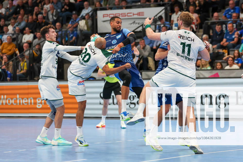 Philipp Ahouansou, TVB Stuttgart, No. 5, is blocked from taking a shot. GER, TVB Stuttgart vs. HSG Wetzlar, Handball, Opel Handball Bundesliga, Matchday 8, 2026–2027 season, October 8, 2026 GER, TVB Stuttgart vs. HSG Wetzlar, Handball, Opel Handball Bundesliga, Matchday 8, 2026–2027 season, October 8, 2026 Stuttgart