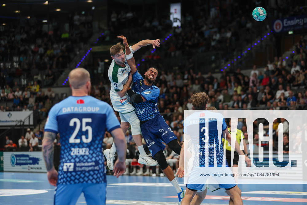Niklas Theiss (HSG Wetzlar), No. 9, with a shot over Philipp Ahouansou (TVB Stuttgart), No. 5, GER, TVB Stuttgart vs. HSG Wetzlar, Handball, Opel Handball Bundesliga, Matchday 8, 2026–2027 season, October 8, 2026, GER, TVB Stuttgart vs. HSG Wetzlar, Handball, Opel Handball Bundesliga, Matchday 8, 2026–2027 season, October 8, 2026, Stuttgart